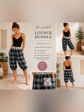 Free People Lounge Set Black Seamless Cami Plaid Harem Capri Pants Boho